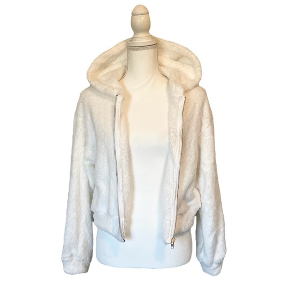 White Hooded Super Soft Cropped Teddy Zip Up Jacket Women’s Small - Picture 7 of 14